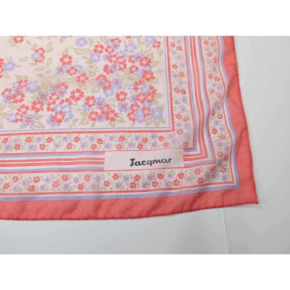 Vintage 70s Scarf Coral Pink Lavender Floral Stripe Floral Print Square - Picture 5 of 10